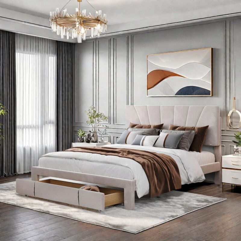 Lit 140x190 cm avec tiroirs, dossier confortable, lit double avec sommier à lattes, velours, convient aux adolescents et aux adultes, moderne, Beige