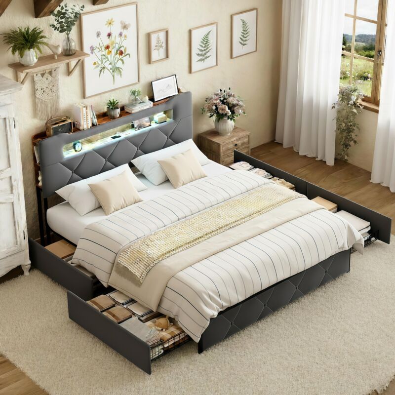 Lit 140x190 cm avec tiroirs, lit 140x190 avec rangement , tête de lit réglable LED et port USB, dos en velours, sommier à lattes, rangement intégré