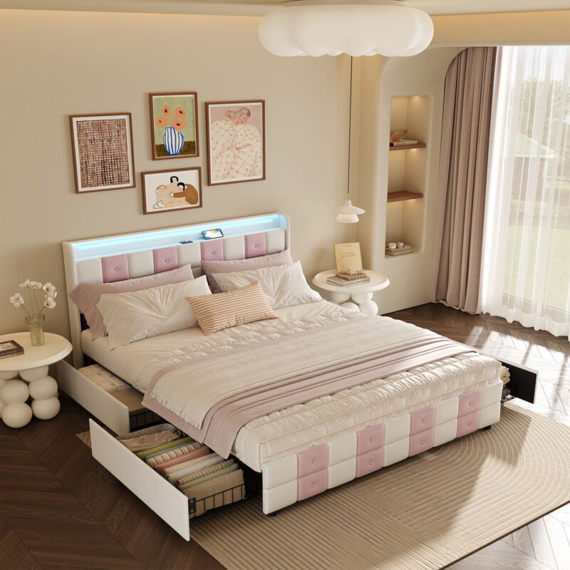 Tanant – Lit double 140x190 cm avec 4 tiroirs – Bande LED RGB 7 couleurs – Ports USB intégrés – Velours doux et sommier à lattes bois FSC – Style