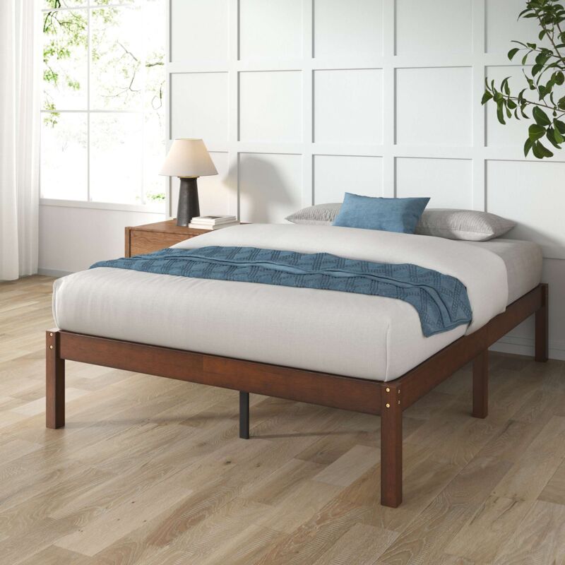 Zinus Ema Lit 2 personnes, Lit 140x190 cm, Cadre de lit en bois, Hauteur 28 cm, Design Écologique et Durable, Marron