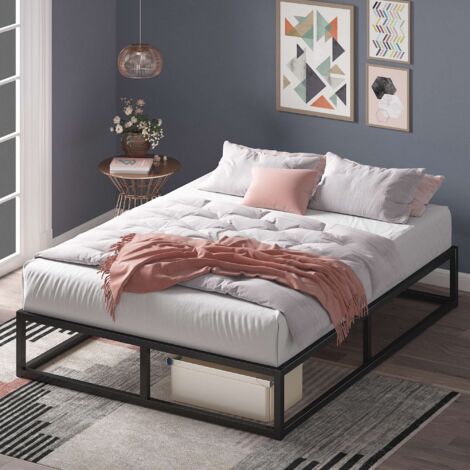 Lit 140x190 cm en métal - Lit double avec sommier en bois - Lit 2 personnes Noir - Zinus Joseph