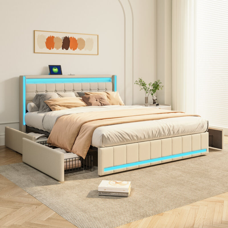 Lit 140x190 cm - LED ET USB - tissu en lin - cadre de lit adulte 140X190 cm - beige