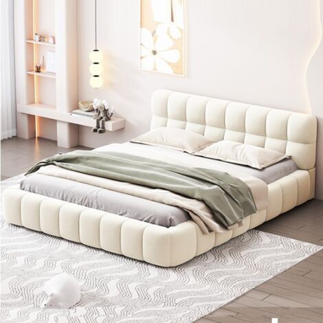 Lit 140x190 cm, lit double 140x190 cm, avec dossier moelleux, cadre rembourré, sommier à lattes, lin, style scandinave - Beige