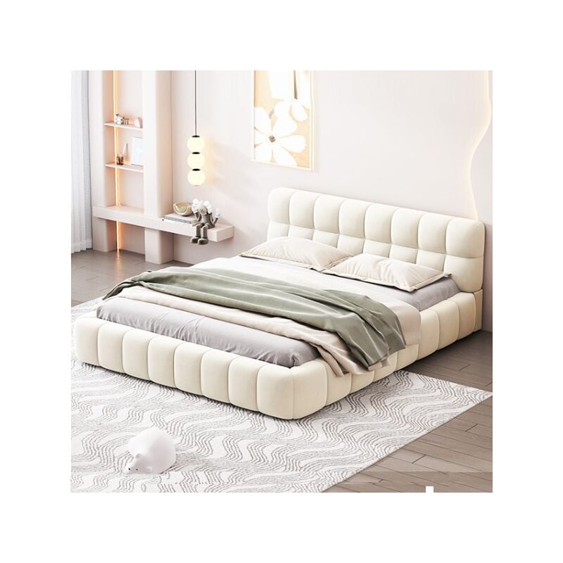 Eifson - Lit 140x190 cm, lit double 140x190 cm, avec dossier moelleux, cadre rembourré, sommier à lattes, lin, style scandinave - Beige