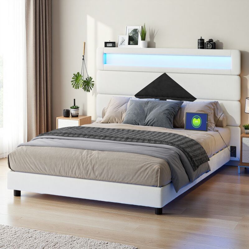 Lit 140x190 cm, Cadre de lit, Lit flottant avec tête de lit diamant, avec port de chargement usb et éclairage led, Sommier à lattes, Lit adulte