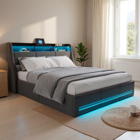 Lit 140x190 cm - tissu en lin - LED ET USB - Rangement hydraulique - cadre de lit adulte 140x190 cm - gris
