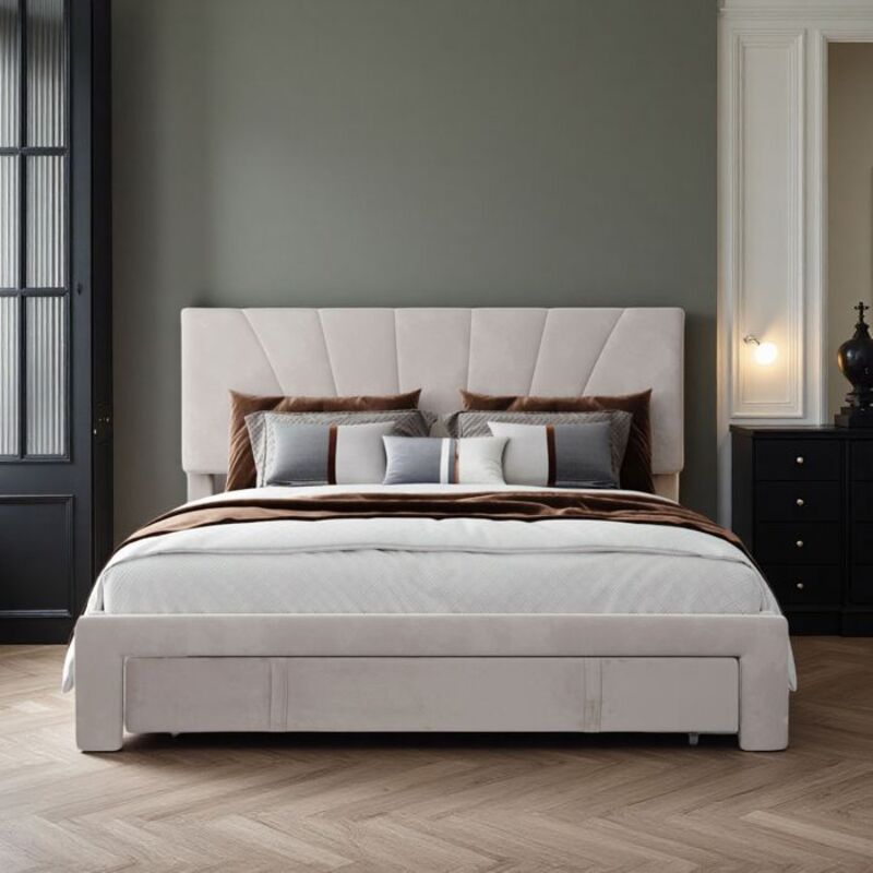 Lit 140x190 cm - tissu en velours - Style moderne - cadre de lit adulte 140x190 cm - beige