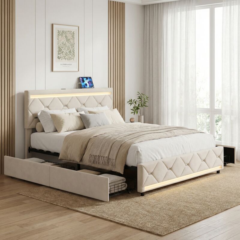 Lit 140x190 cm,4 tiroir avec, éclairage LED en tête et pied de lit + recharge USB, velours, blanc