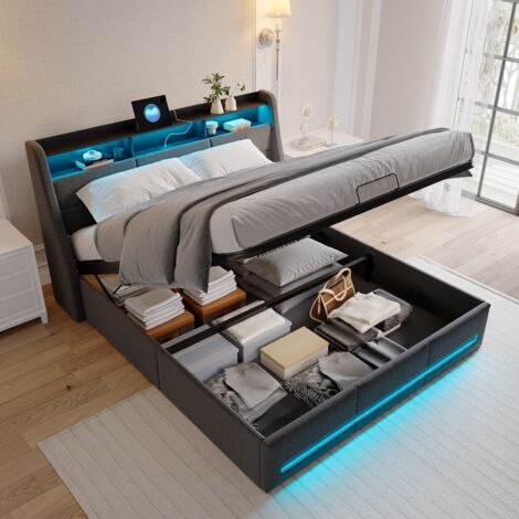 Lit 140x190 coffre, lit double avec LED, lit adulte, Cadre de lit, 2 Personnes à Deux Places, lit avec tête de rangement, avec prise USB multifonction, lit rembourré lin, gris, Matelas non compris