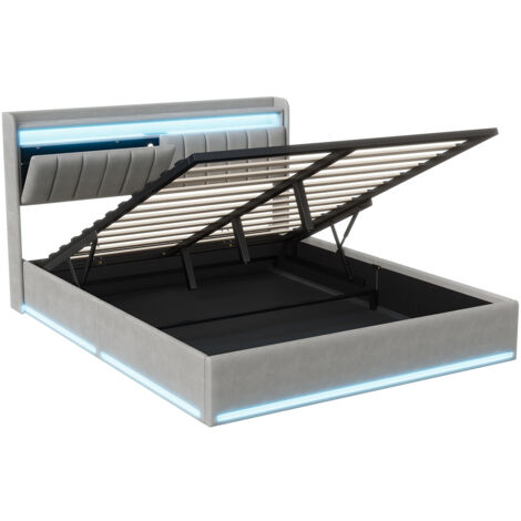 Lit 140x190 coffre, lit double, lit adulte en hydraulique, lit avec tête de rangement, avec LED et USB, Gris, Matelas non compris