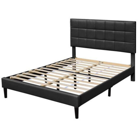 Lit 140x190 - Sommier + Tête de Lit Capitonnée BLANC - Pieds 16 cm - 13 Lattes - Revêtement PVC Simili Facile à Entretenir - Montage Rapide - Confort Optimal - Design Élégant - LIT RILEY NOIR