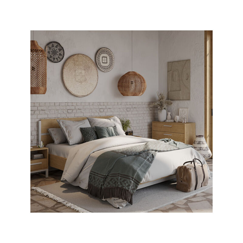 TMM - Lit 140x190/200 Chêne/Blanc - doron - l 151 x l 204 x h 90 cm