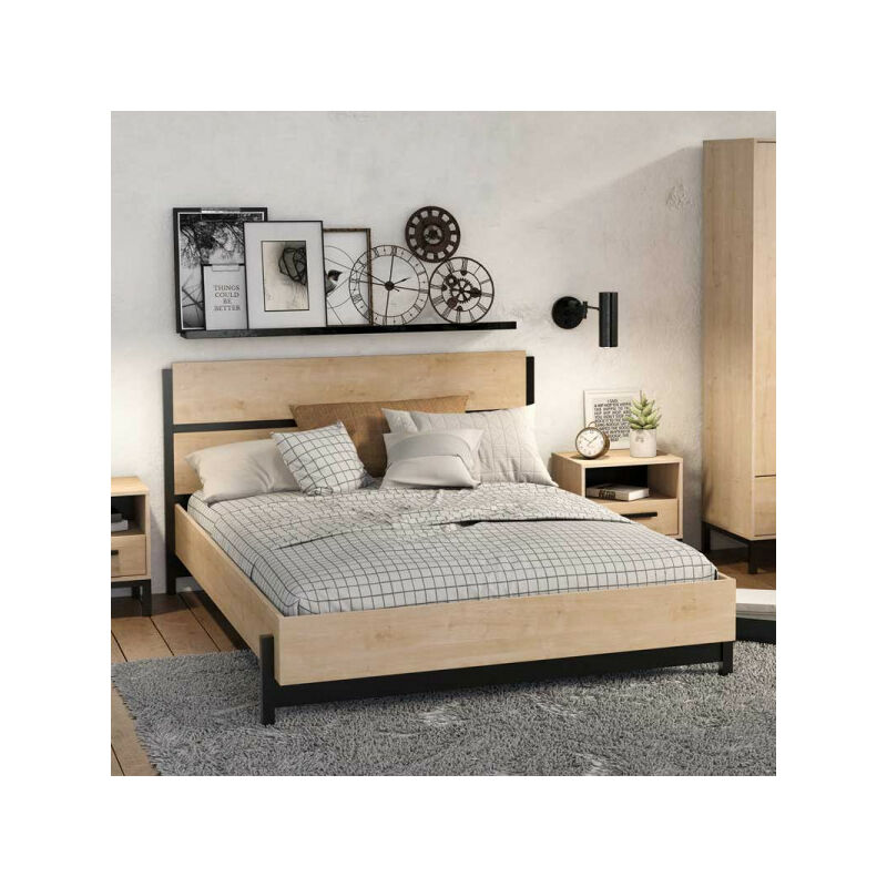 TMM - Lit 140x190/200 Chêne/Noir - doron - l 151 x l 204 x h 90 cm