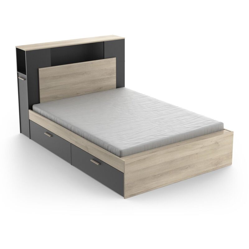 CALICOSY - Lit 140x190/200 cm avec 4 tiroirs décor chêne kronberg et noir - L145 cm