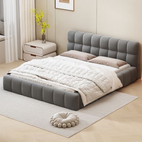 TANANT Lit 140x190cm - avec dossier moelleux, cadre de lit, sommier à lattes, tête de lit, lit adulte style scandinave - Gris