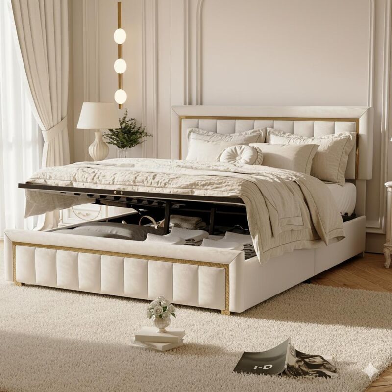 Lit 140x190cm - Lit Coffre 140 et Sommier - avec Tête de Lit Capitonnée et Bordures Dorées - Design Luxueux - Velours Beige