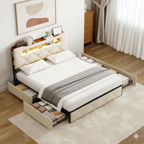 Lit 140x190cm - Lit Double avec 4 Tiroirs, Tête de Lit Rangement LED RGB, Station de Charge (2 USB + Type-C) - en Velours Beige