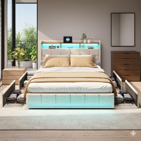 Lit 140x190cm - Lit Double et Sommier - Tête de lit avec 4 Tiroirs Métalliques, Charge (2 USB + 1 Type-C) - Tissu Lin Beige