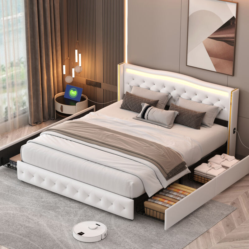 lit 160x200,Lit adult 160 x 200,lit double avec 4 tiroirs de rangement,bandeau lumineux LED,prise fonctionnelle,modèle plaqué or,PU,Blanc