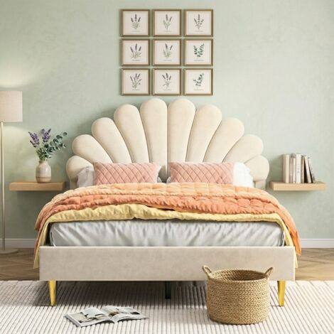 Lit 140x190,lit double capitonné,lit adulte,avec sommier à lattes,tissu en velours,lit 2 personnes,Beige