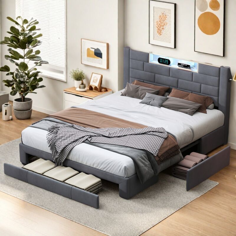 Lit 140x200 avec 3 tiroirs, Lit tiroirs avec led réglable, lit adulte 140x200 cm, lit double capitonne avec sommier à lattes,USB port de charge,