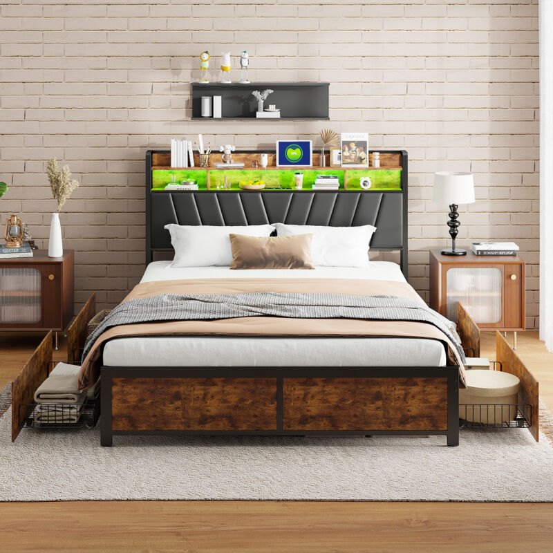 Lit adulte 180x200 avec 4 tirtors,lit double capitonné,sommier à lattes,Tête de lit avec lumières led réglables et chargement USB,fer,Couleur rétro