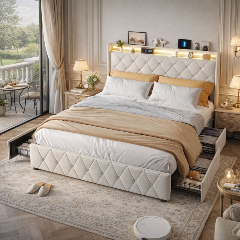 Lit 140x200 avec Sommier LED et USB, Lit capitonné avec 4 Tiroirs de Rangement, Lit Double avec sommier à Lattes, Lit 2 Place pour Enfant Adolescent,