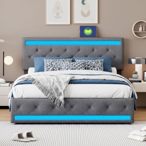 Lit 140x200 avec sommier LED et USB, Lit double capitonné avec 4 tiroirs et tête de lit réglable, Cadre de lits 2 personnes pour adultes et adolescents, sans matelas, Lin Gris