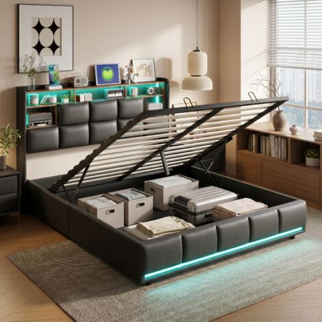Lit 140x200 avec Sommier, Lit coffre 2 Personnes, Lit rangement en hydraulique, tête de lit coffre en PU et Étagères, Cadre de lit avec LED et USB