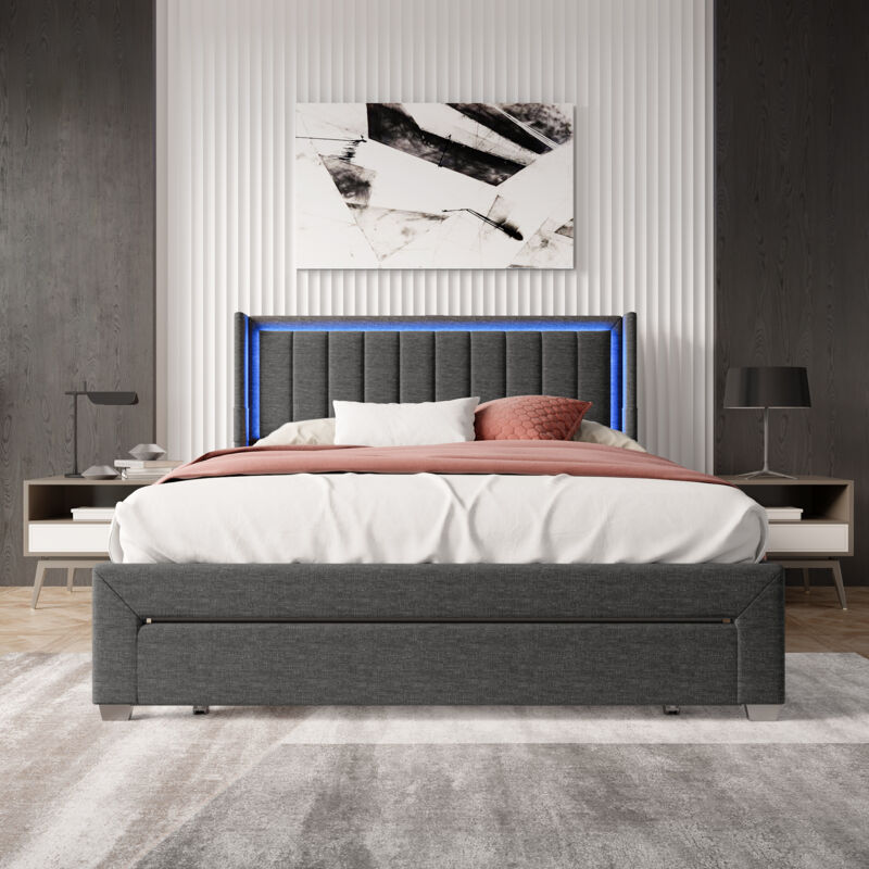 Blanketswarm - Lit 180x200 avec Tiroir, Lit Double 180x200, Lit Capitonné avec Rangement, Tête de Lit avec Lumière led et Port usb, Lit Adulte