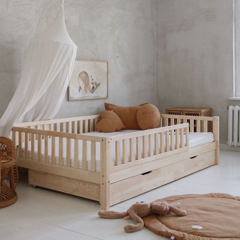 Petits-meubles - Lit 140x200 barrière sommier et tiroir inclus Agnès Bois