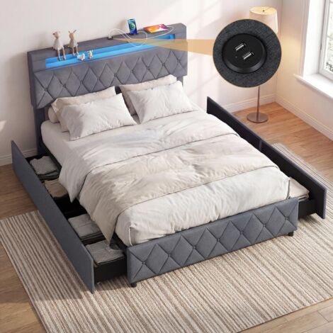 lit 140x200 cadre adolescent lit avec rangement 160x200 plate-forme sommier à lattes cadre de lit LED double tiroirs éclairage LED tête de lit rembo