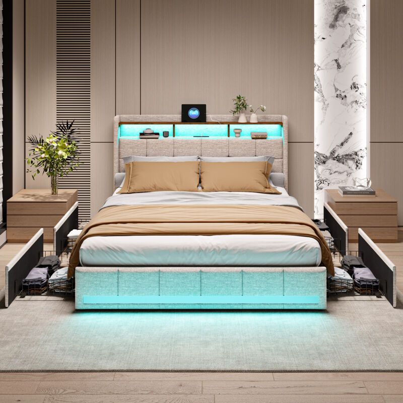 Blanketswarm - Lit 160x200 Capitonné, Lit Coffre 160x200, Lit Double led et Chargement usb, Lit Adulte avec 4 Tiroir, Rangement de Chevet, 2 usb, 1