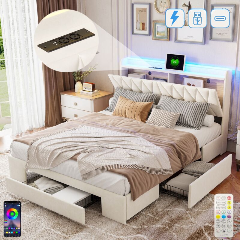 Lit 160x200 cm, 2 places, avec 3 tiroirs de rangement, éclairages led, usb-a/c charge, sommier à lattes en bois, cadre en métal, lit capitonné en