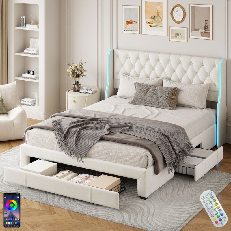 Lit 140x200 cm, 2 places, avec 3 tiroirs, LED des deux côtés, motif de diamant, sommier à lattes en bois, cadre en métal, lit capitonné en velours