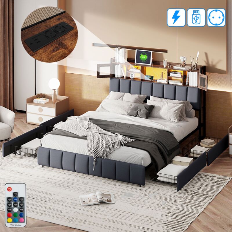 Lit 140x200 cm, 2 places, avec 4 tiroir, led, têtes de lit port usb, 2 portes, 2 étagères, sommier à lattes en bois, cadre en métal, lit double