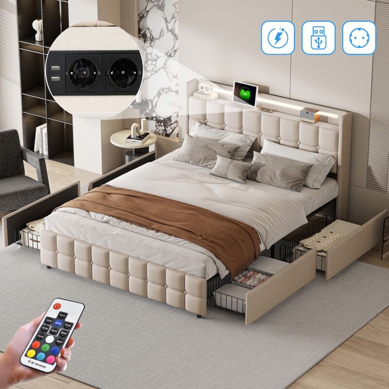 Lit 140x200 cm, 2 places, avec 4 tiroirs de rangement, éclairage led, usb fonction chargement, scandinave, lit adulte capitonné en lin - beige