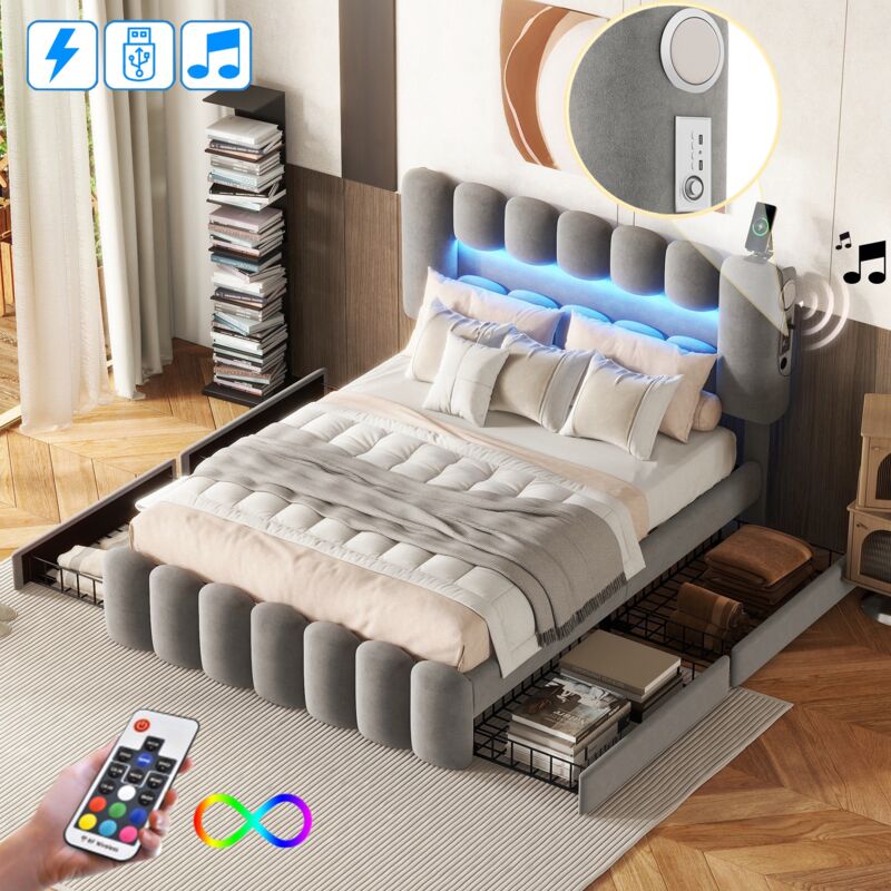 Dans Les Nuages - Lit 140x200 cm, 2 places, avec 4 tiroirs de rangement, led, usb, MP3 Audio, Tête de Lit réglable en hauteur, scandinave, lit adulte