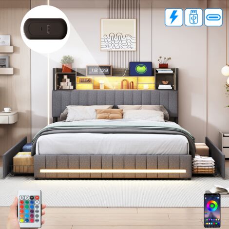 Lit 140x200 cm, 2 places, avec 4 tiroirs, LED, 2 portes, étagères, USB-A/C, sommier à lattes en bois, cadre en métal, lit capitonné en lin - Gris