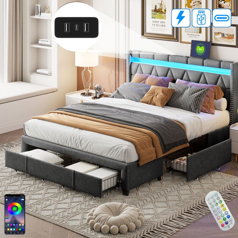 Lit 160x200 cm, 2 places, avec 4 tiroirs, led têtes de lit motif de diamant, usb, sommier à lattes en bois, cadre en métal, lit capitonné en lin