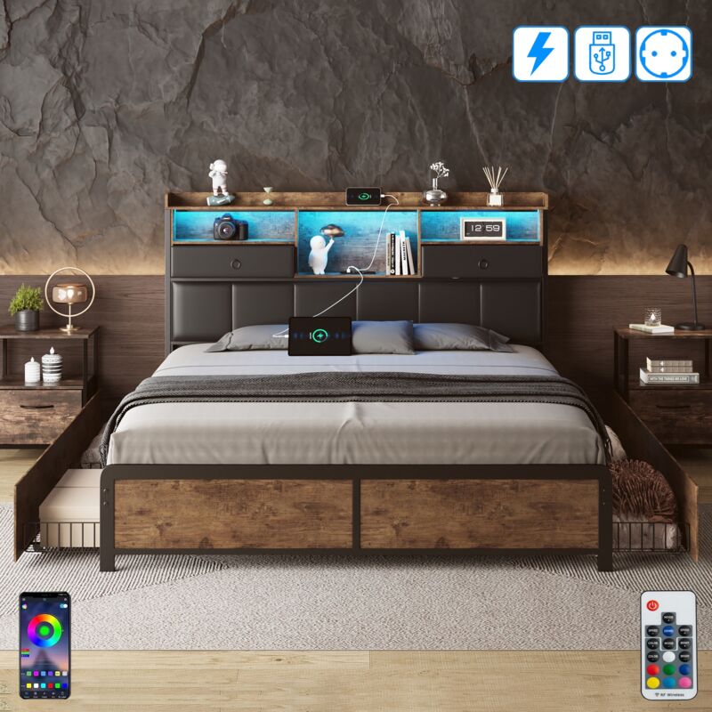 Lit 160x200 cm, 2 places, avec 4 tiroirs, tête de lit de LED, USB, 2 tiroirs, capitonné en similicuir, sommier à lattes en bois, Industriel Vintage,