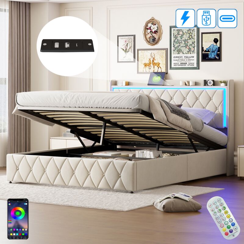 Lit 140x200 cm, 2 places, avec led, rangement, usb-a/c, décoration de la grille, sommier à lattes en bois, cadre en métal, lit capitonné en Velours