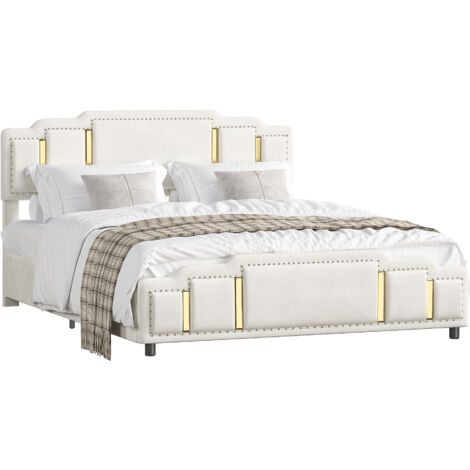 Lit 140x200 cm adulte avec rangement hydraulique et LED, tête de lit rembourrée, velours beige