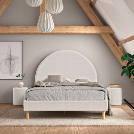Lit 140x200 cm avec 2 chevets en tissu bouclé blanc - LUNA