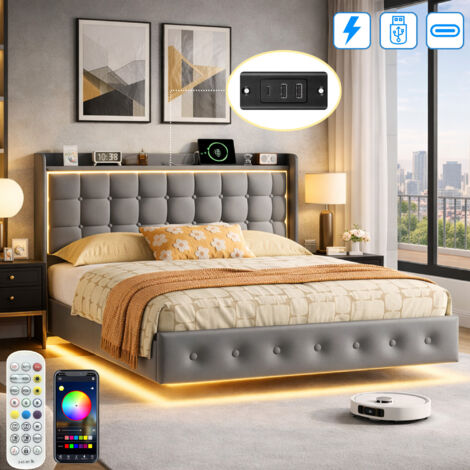 Lit 140x200 cm avec Sommier - Lit 2 Personnes avec Rangement - Lit Flottant avec LED - Prise Intégrée (USB + Tpye) - Velours - Gris