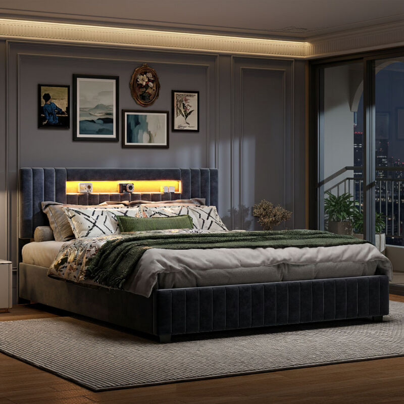 Lit 160x200 cm avec sommier, lit double capitonné élégant avec rangement hydraulique, tête de lit LED et sommier à lattes, fonctionnel en velours,