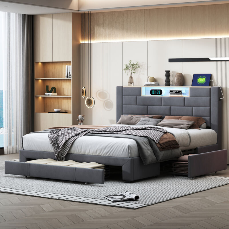 Lit 140x200 cm avec tiroir, Lit double capitonné avec 3 tiroirs, éclairage LED, ports et prises USB, tête de lit avec espace de rangement, sommier à