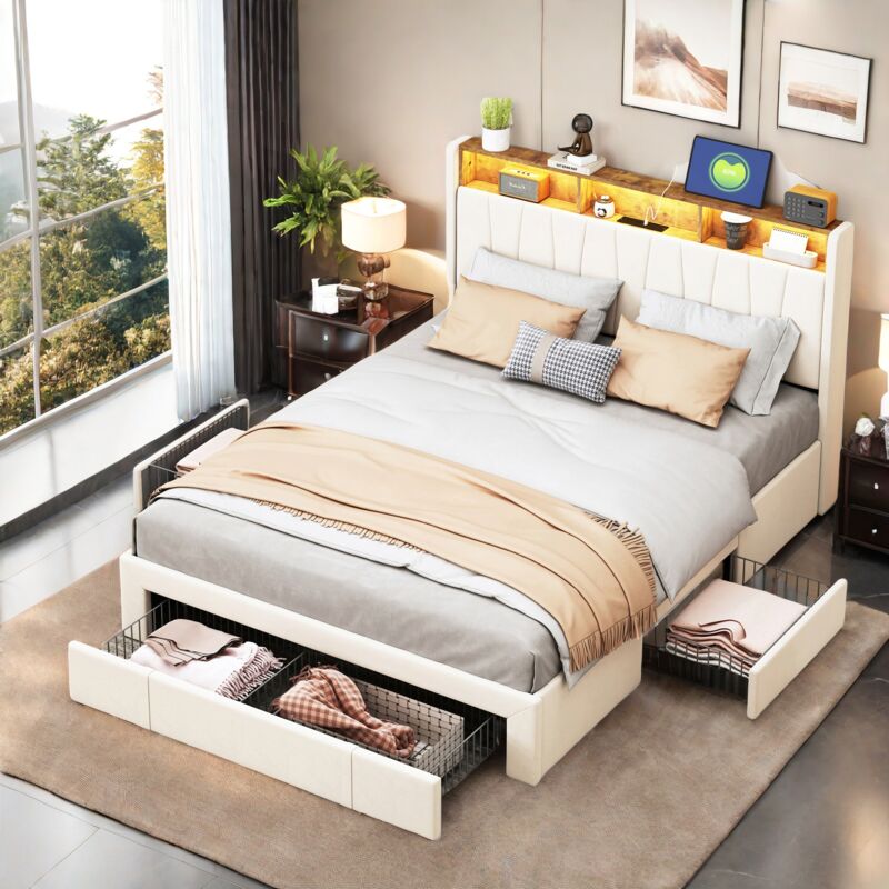 Sureh - Lit 160x200 cm avec tiroirs,lit 2 Personnes led avec chargement usb et Type C,cadre de lit avec sommier à lattes,lit adulte,beige
