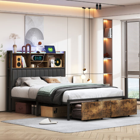 Lit 140x200 cm avec tiroirs, lit double LED avec 2 tiroirs, chargement USB et Type-c, sommier à lattes, lit adulte, noir