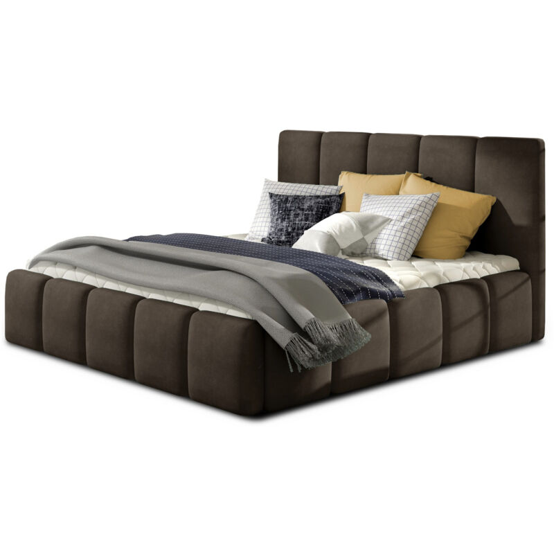 Les Tendances - Lit adulte avec coffre de rangement Vika – Velours capitonné-Marron-160x200